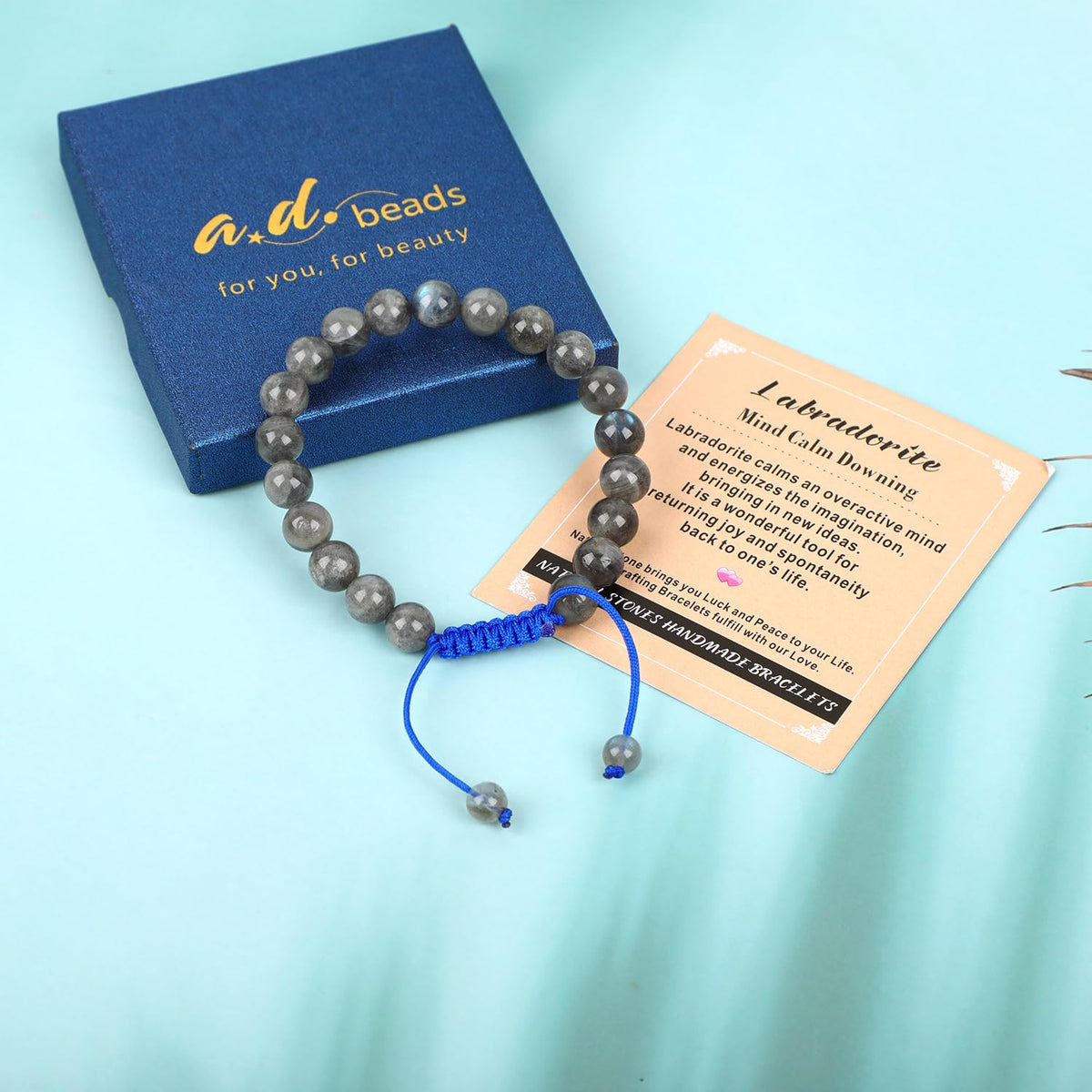 AD Beads 8mm Labradorite Bracelet - Stone of Mind Calm Downing - Handmade Natural Stone Crystal Bracelet with Adjustable Macrame String - Yoga Healing Power Energy Gifts for Men and Women