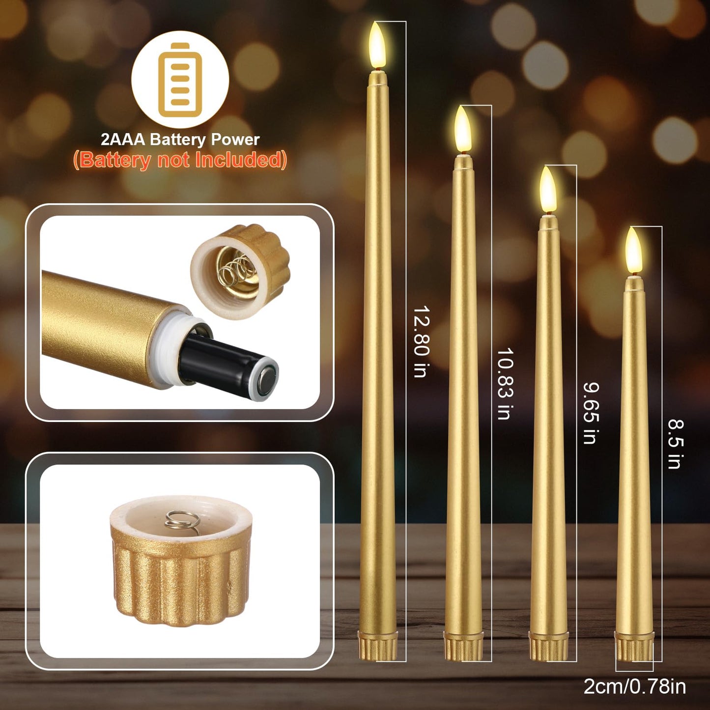 Rossesay 24 Pcs Flameless LED Taper Candles Battery Operated Candle 8.5", 9.65", 10.8", 12.8" Flameless Candlesticks Flickering for Christmas Church Wedding Indoor Decoration(Classic, Golden)