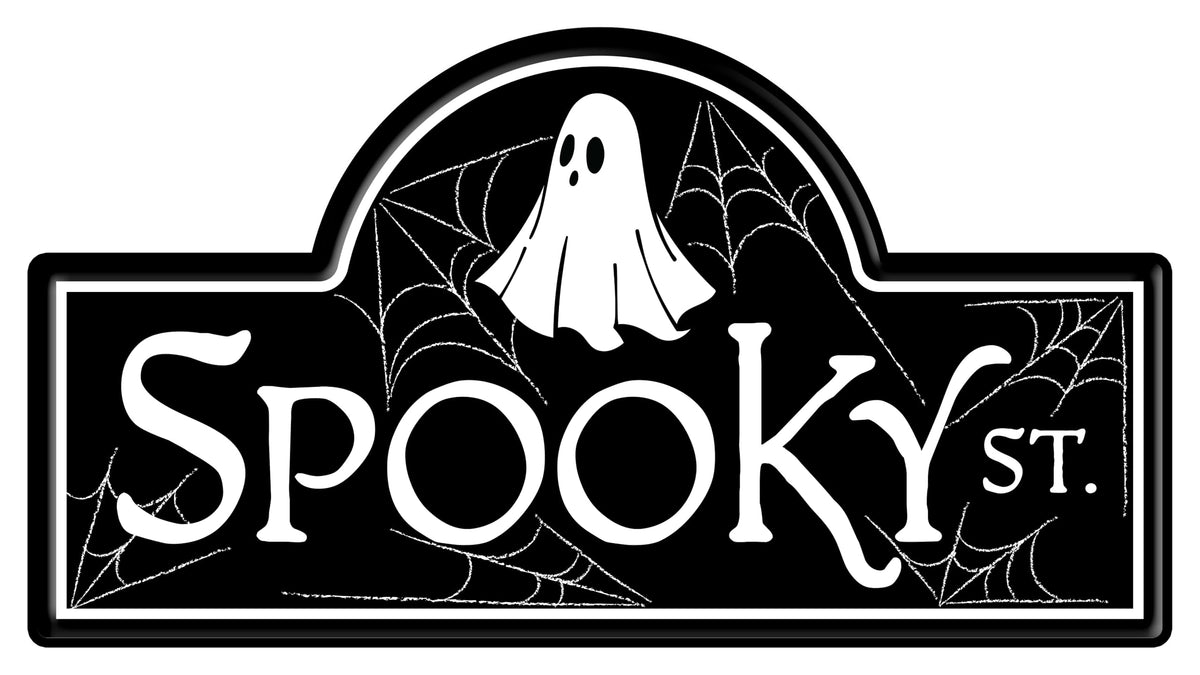 Craig Bachman "Spooky Street" Halloween Sign with Ghosts and Spiders, 15"L x 8"H, Black, White, Embossed Metal - For Wreath Accents, Crafts, and Decorations