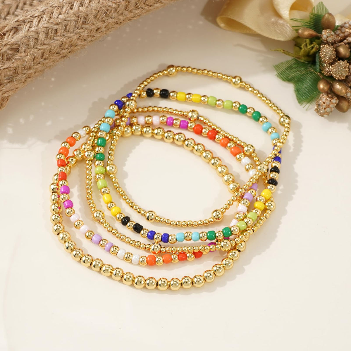 Bohxantium Gold Beaded Bracelets Set for Women Stackable 14K Gold Plated Beads Ball Colorful Seed Bracelets for Women Stack Non Tarnish Stretch Trendy Jewelry Prom Friendship Birthday Christmas Gifts