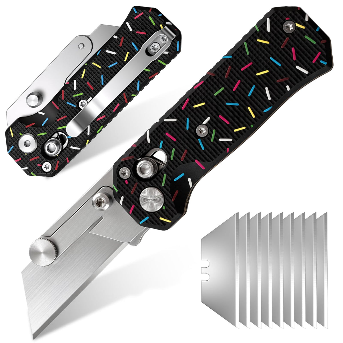 Folding Utility Knife for Women Men,Quick Change Box Cutter with 10Pcs SK5 Replaceable Blades,EDC Razor Knife for Cartons,Cardboard,Boxes,Christmas Stocking Stuffers Gifts for Men Husband(donut black)