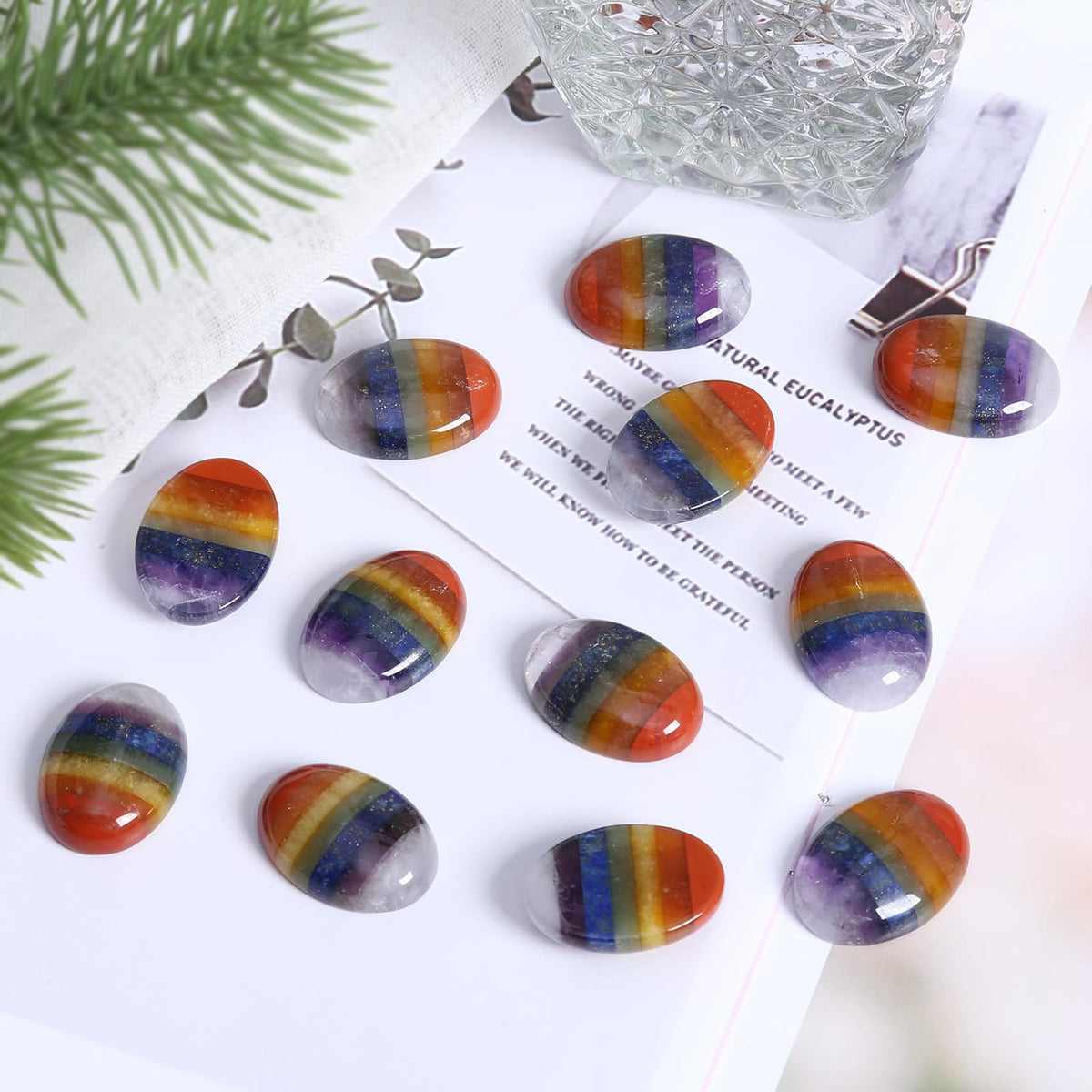 Nupuyai Pack of 5 Oval 7 Chakra Cabochons for Jewelry Making, Stone Cabochons Flatback DIY Art Project Jewelry Making Supplies, 18x25mm