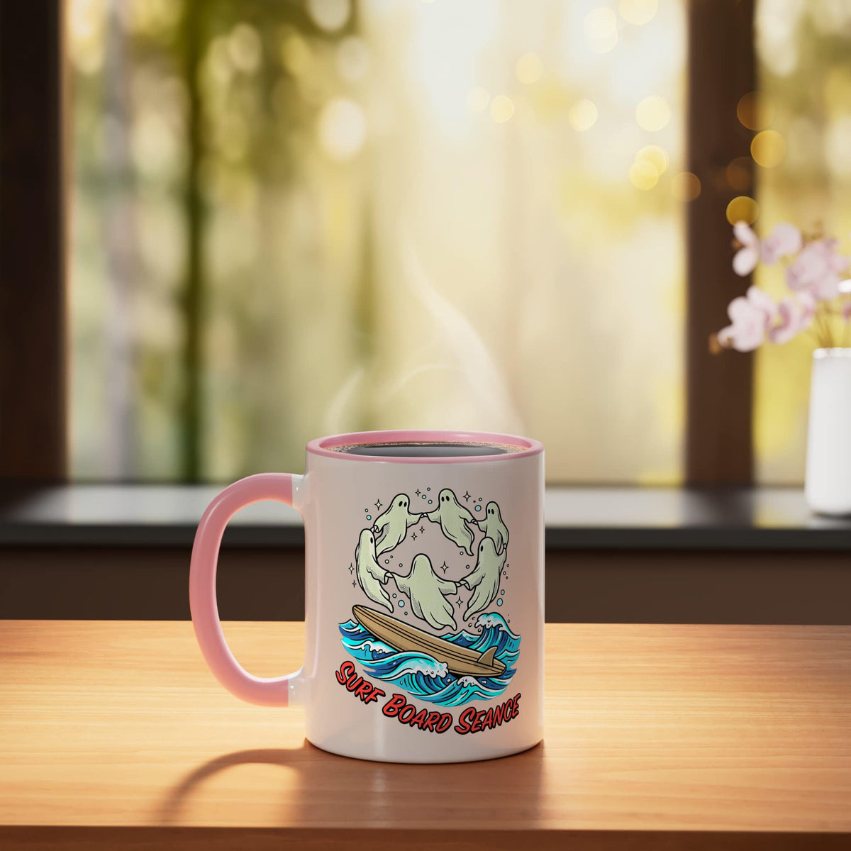 Summerween Art Surf Board Seance Halloween Ceramic Mug, Pink/White