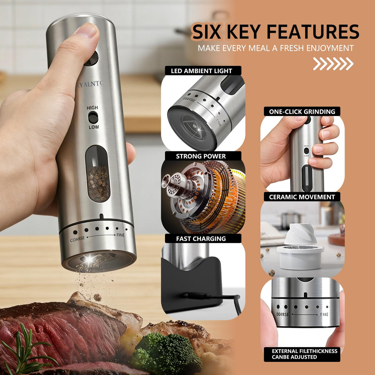 RYALNTC Electric Salt and Pepper Grinder Set with Rechargeable Base Upgraded Stainless Steel Automatic Salt and Pepper Shakers,Upgraded 2-Speed Setting,External 6 Adjustable Coarseness with LED Light