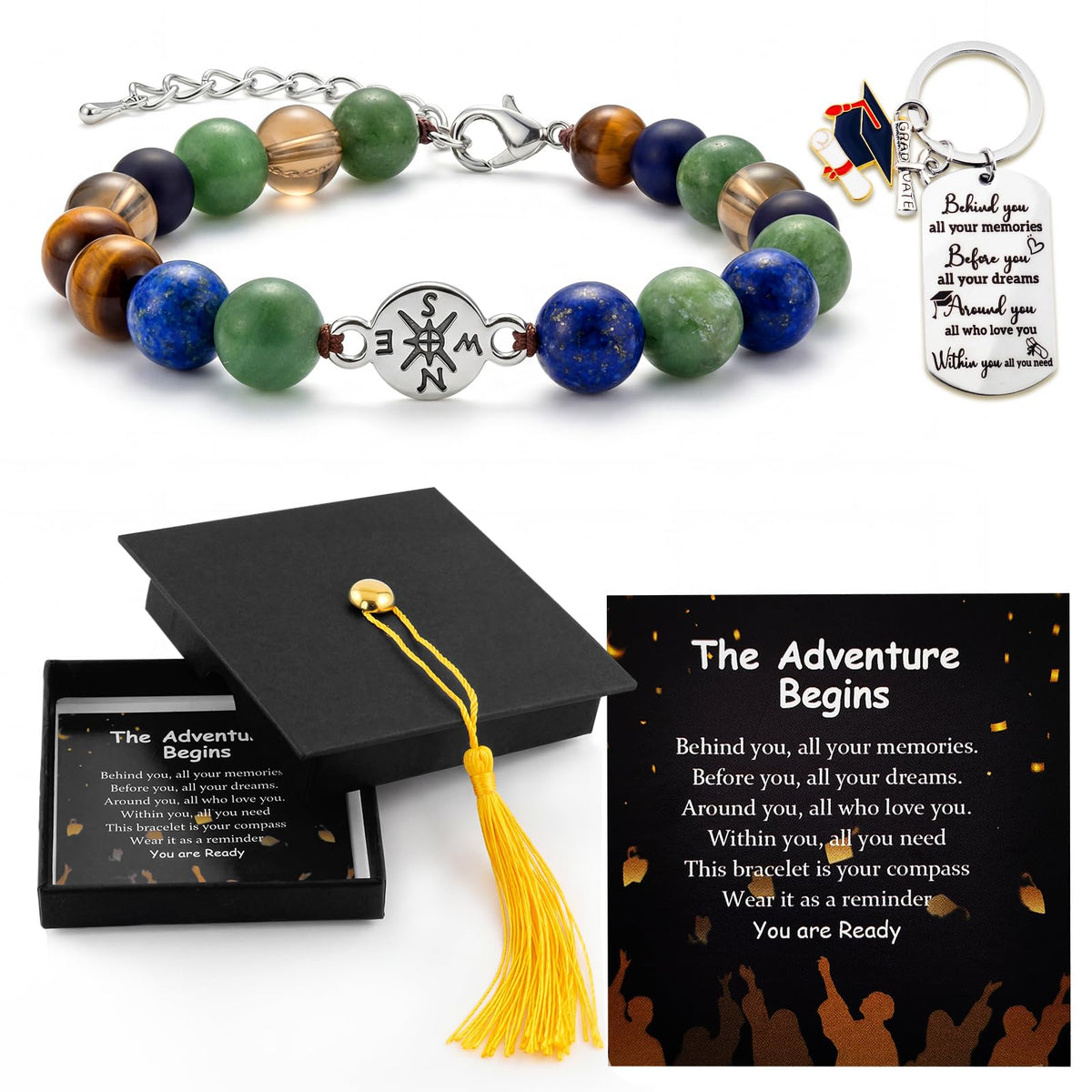 Graduation Bracelet Set 2026 for Him & Her, Natural stone Beaded Bracelet with 7 Chakra Stones or Matte Style, Compass Keychain, Card & Gift Box for High School College Grad (Minimalist Matte)