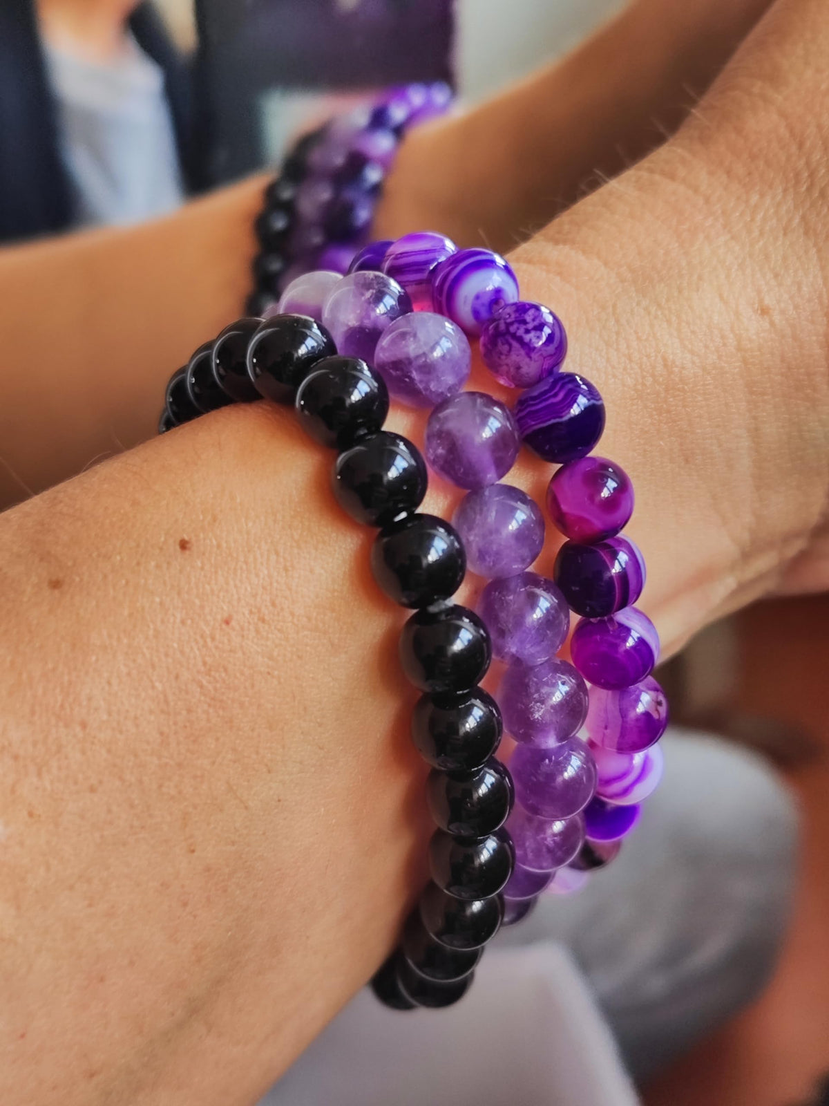 WFJ 3 Beaded Bracelets Set Amethyst Obsidian Agate Triple Protection Bracelet Natural Crystal Stone Purple Healing 8mm Bead