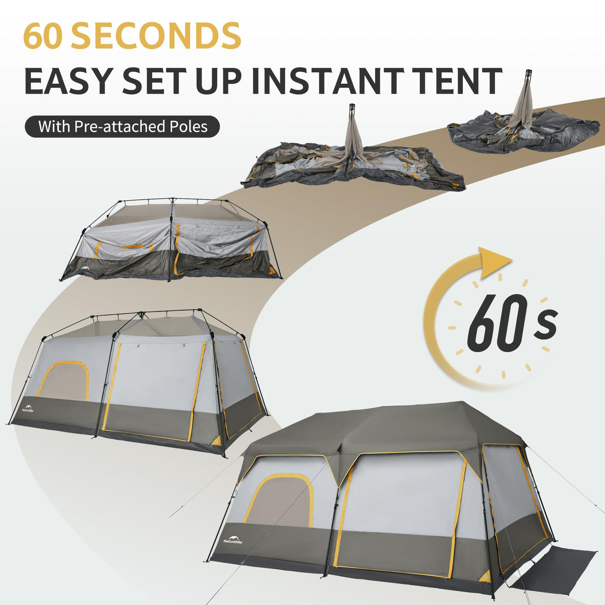 Naturehike Cape 4/6/8 Person Camping Tent, 60S Easy Setup Instant Tent Pop up Tent, Waterproof Large Tall 6/8 Person Tents for Camping, Car Camping