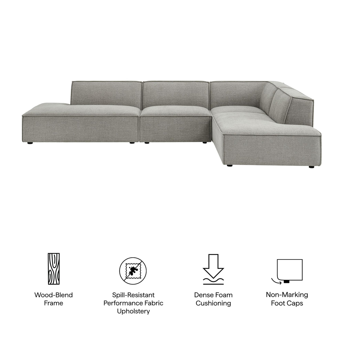 Modway Restore Performance Fabric Upholstered 4-Piece Modular L-Shaped Armless Sectional Sofa in Pewter – Low Profile Couch with Coil Seat Support and French Piping