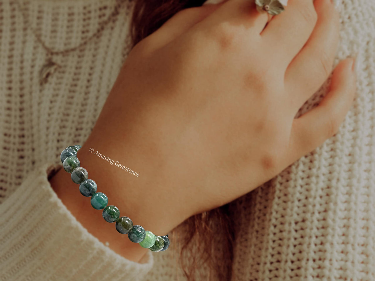 Amazing Gemstone Crystal Bracelet for Women Men's Gifts - Protection Healing Crystal Bracelet - 8mm Gemstone Beaded Stretchable Bracelet Pulseras Para Hombres Mujer Stocking Stuffers Mothers Day Gift (Moss Agate)