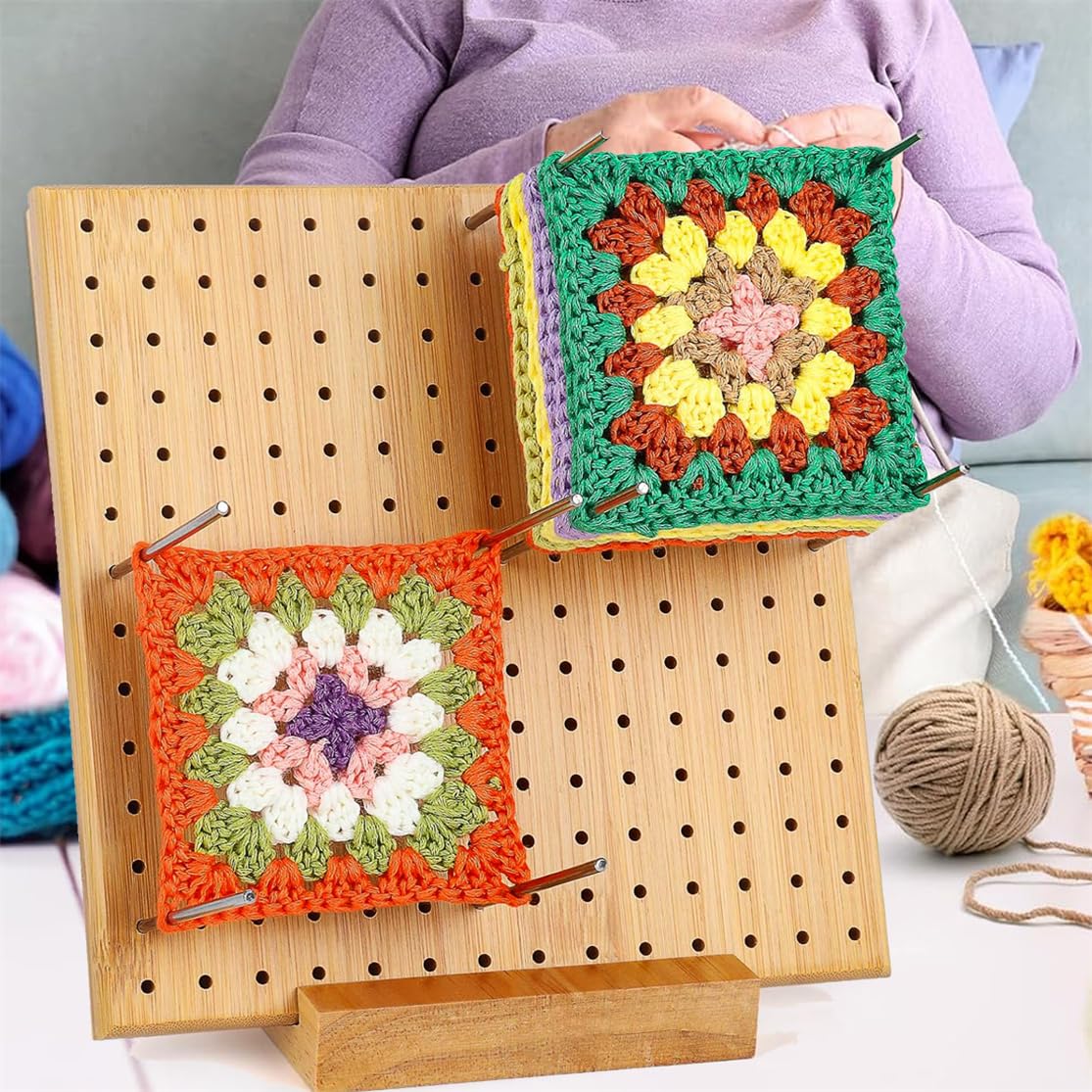 Crochet Blocking Board Handcrafted Knitting Blocking Mat with 20 Stainless Steel Rod Pins Bamboo Crocheting Accessories for Granny Squares Crocheters 7.87 Inches