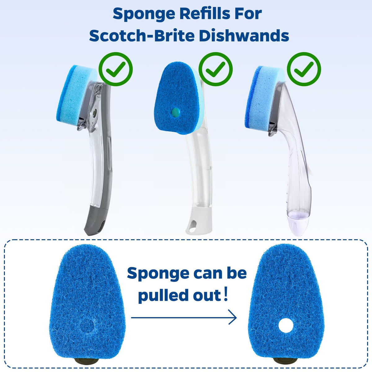 Sponge Dishwand Brush Refills for Scotch-Brite Dishwand - 10 Pack Dish Soap Non-Scratch Brush Refills for Nonstick Pots and Pans, Glass & Tubs（Blue）