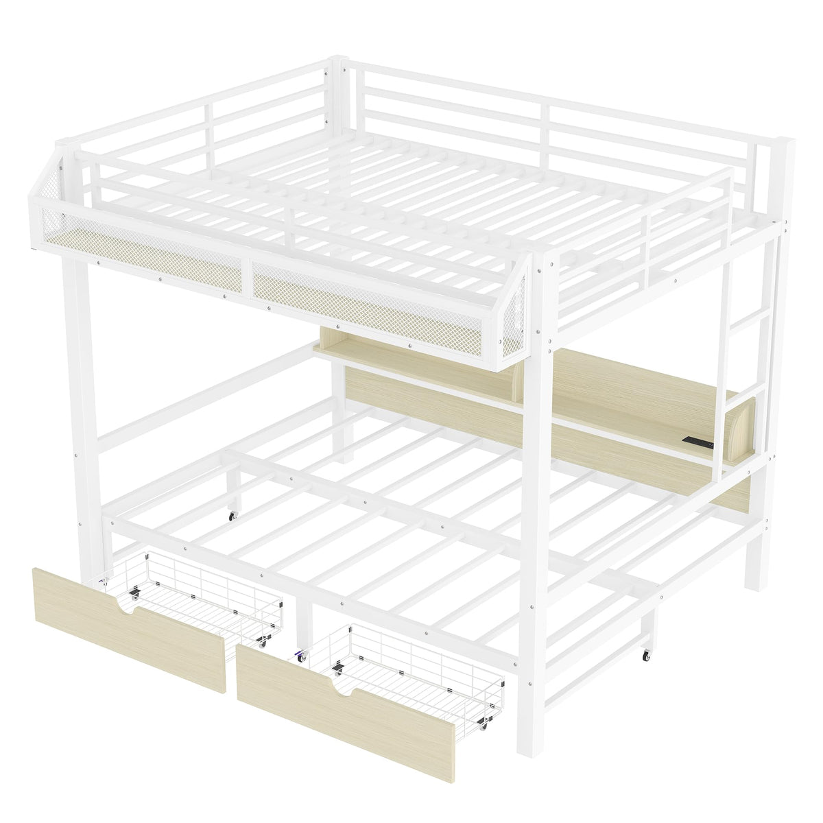 Bellemave Queen Over Queen Metal Bunk Bed with Storage Drawers and Shelves, Heavy Duty Bunk Beds with LED Lights and Charging Station for Kids,Adults,Convertible into a Sofa Bed,White