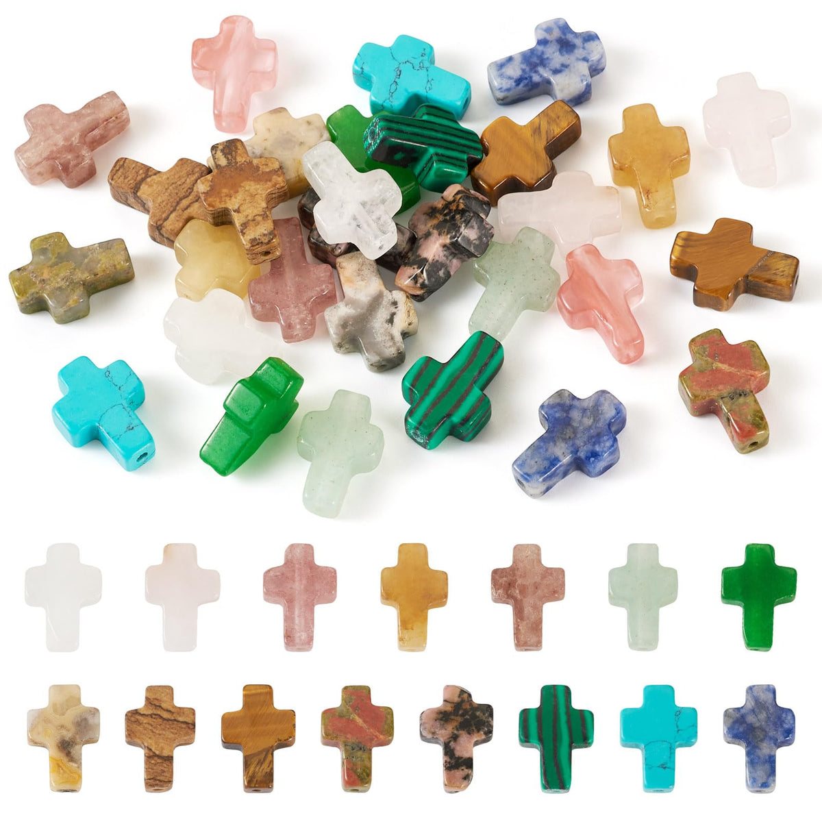 30 Pcs Gemstone Cross Beads Small Crosses Crystal Stone Bead Turquoise Cross Beads Small Crucifix Charms for Easter Holiday Bracelet Necklace Jewelry Making