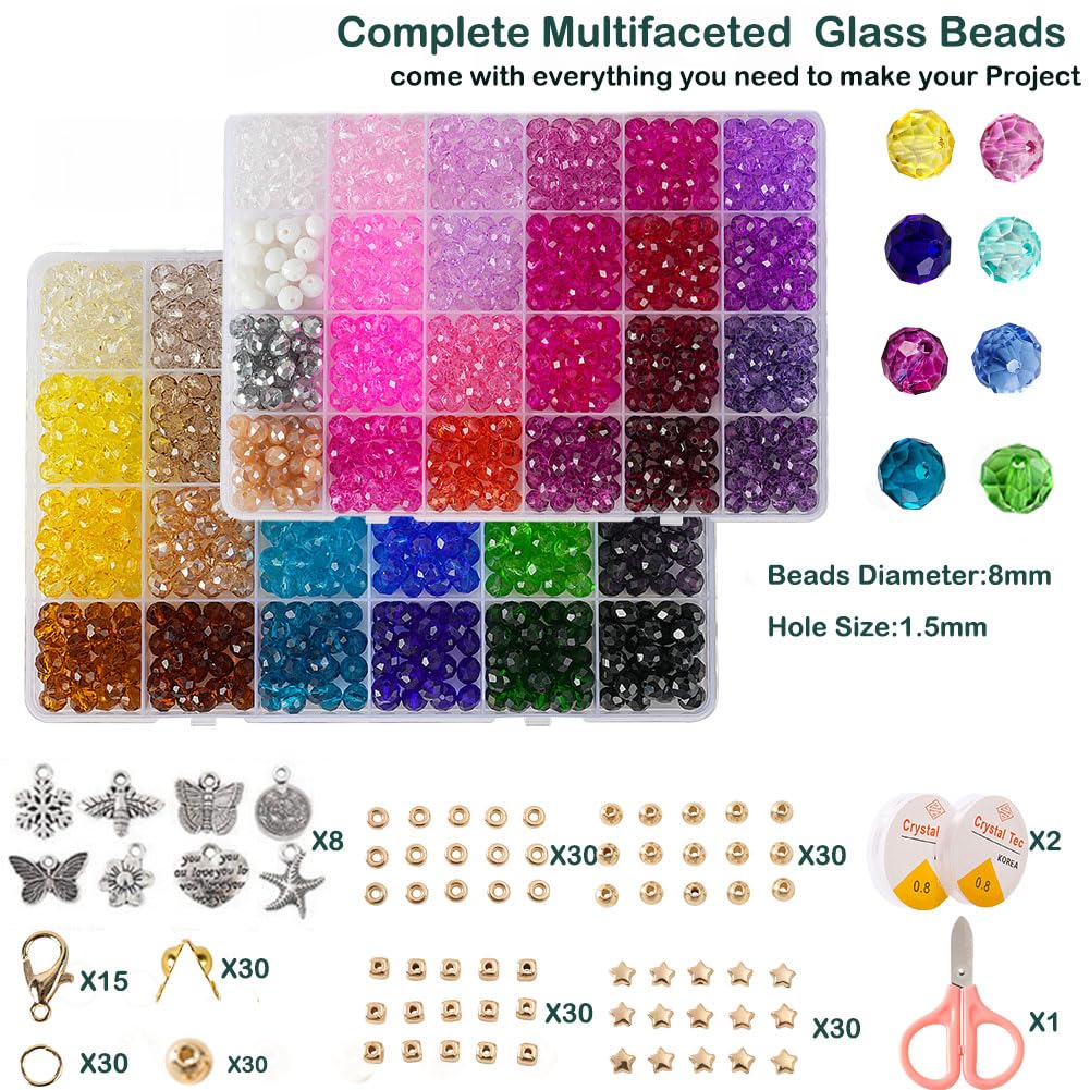 Faceted Glass Beads, 8mm 1400pcs+ Fancy Crystal Beads for Jewelry Making, Bracelet Necklace Earring Craft, Beading Supplies, Home Decor, Crafts Gifts for Girls Ages 6-12
