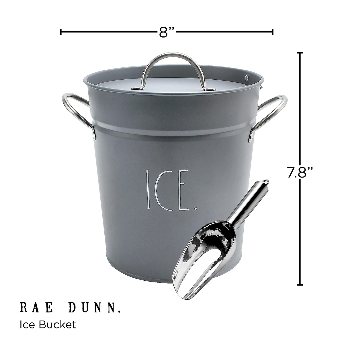 Rae Dunn Ice Bucket with Scoop - Stainless Steel Bucket with Handle, Lid and Ice Scooper - 4 Qt. Storage Bin for Ice Cubes for Bars, Parties, Backyard Barbeques, Picnics, and Camping (Grey)