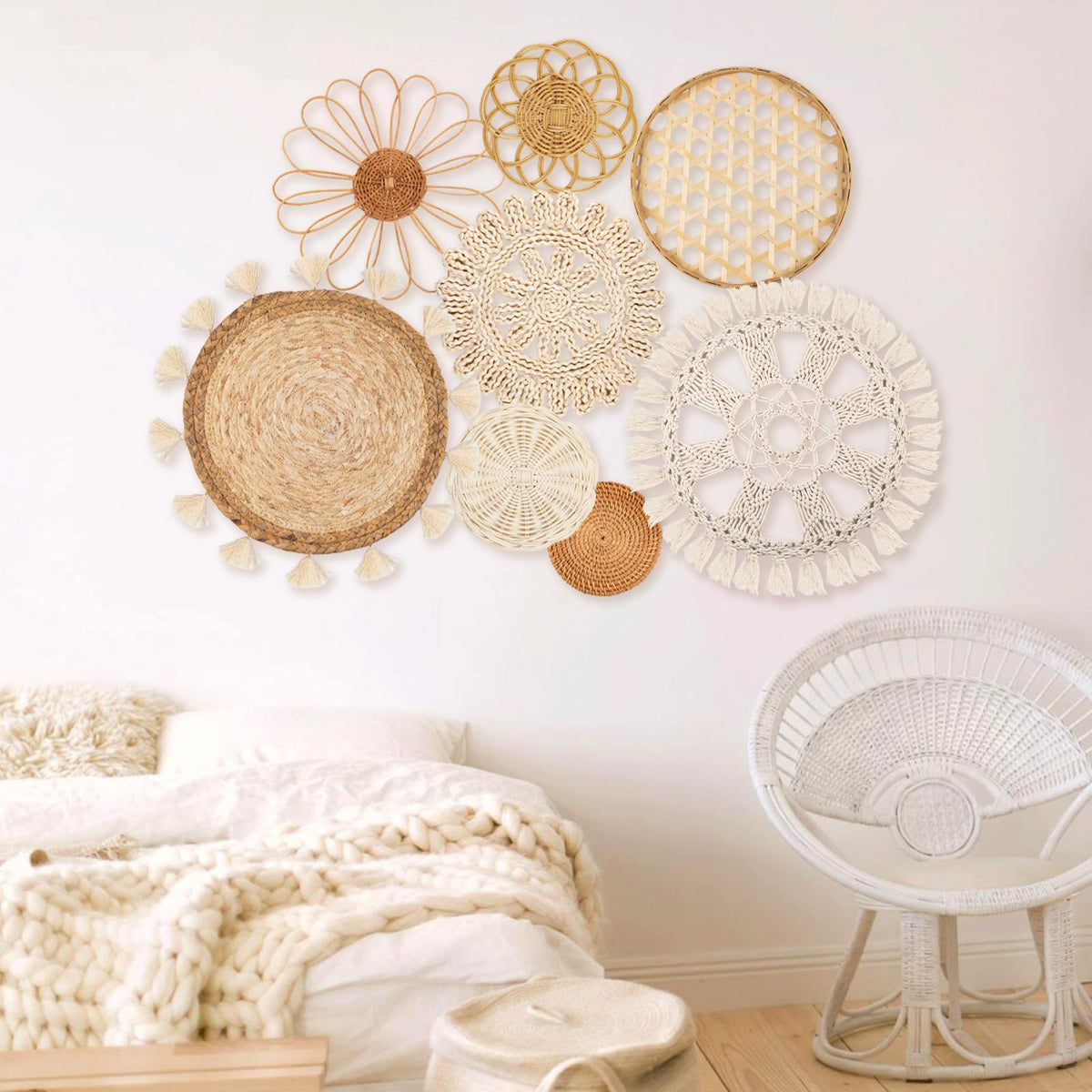 Boho Wall Basket Decor Set of 8 - Flat Woven Basket Wall Hanging Decor,Round Tassels White Macrame Tapestry Wall Decor Art,Handmade Rattan Wicker Seagrass Home Wall Baskets Decor（Boho Classic)