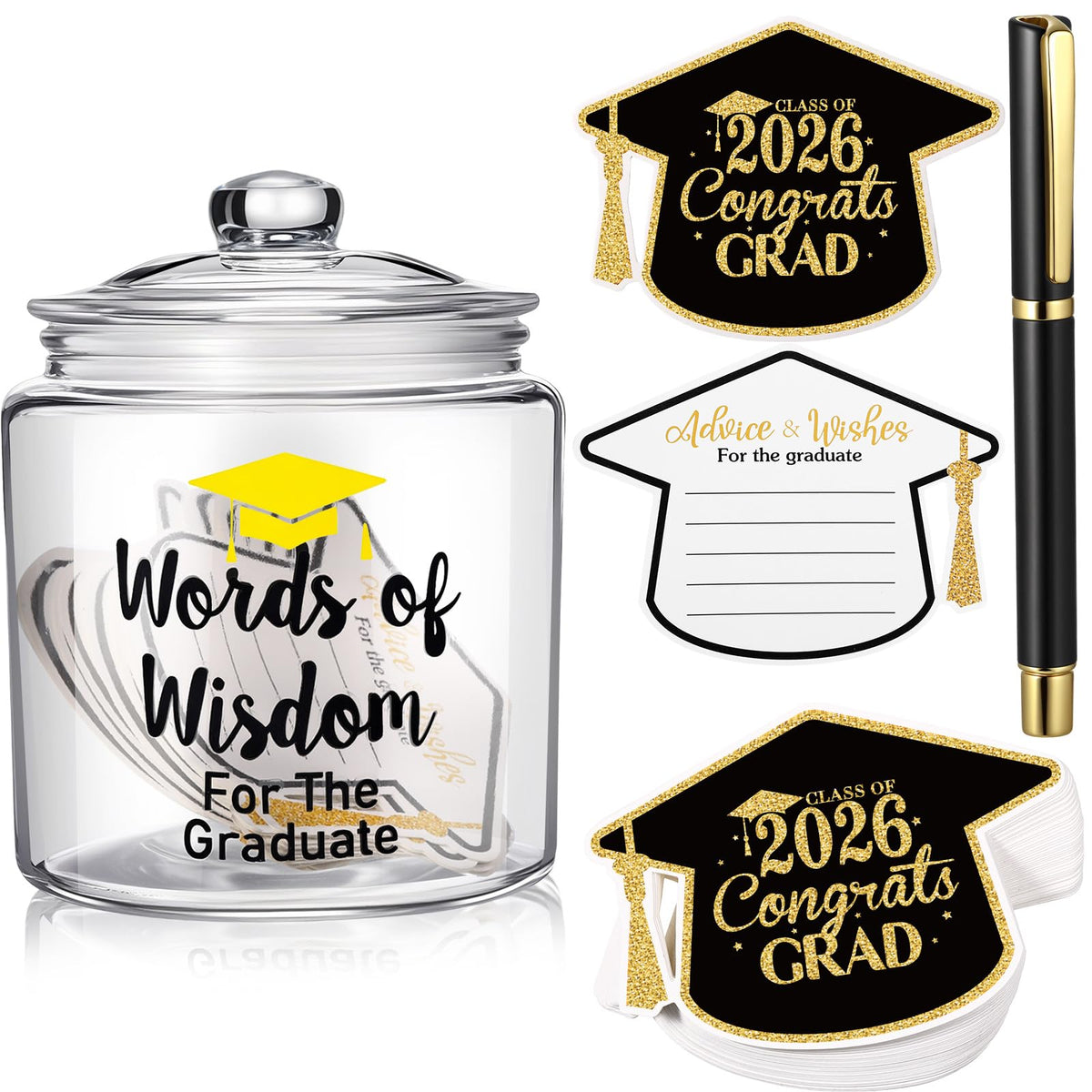 Mimorou 52 Pcs 2026 Graduation Gifts Memory Jar Advice Cards Graduate Party Favors Words of Wisdom Glass Bottle Guest Book Cards with Black Pen Senior School College Graduates Gifts Party Decorations