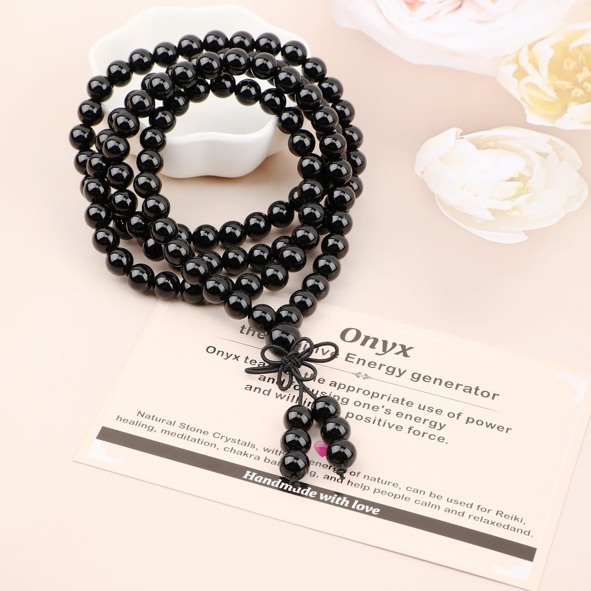 AD Beads 8mm 108 Prayer Mala Onyx Elastic Bracelet - Positive Energy Generator - Handmade Yoga Meditation Healing Power Energy Gifts for Unisex Adult.