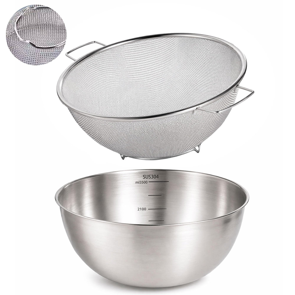 304 Stainless Steel Kitchen Colander Set, 3.5QT Colander with Handle and Bowl, 40 Mesh Fine Strainer, Fast Draining for Rice, Pasta, Fruits & Vegetables, Dishwasher Safe