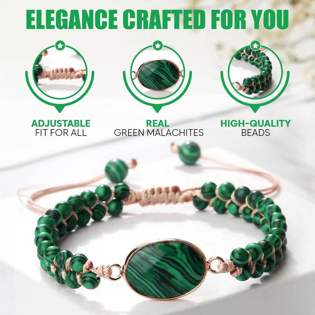 "SS Boutique" Green Malachite Healing Bracelet, Handmade Braided Gemstone Bangle for Meditation, Energy, Spiritual Protection & Mental Balance - 1pc Yoga Bracelet with Premium Gift Box
