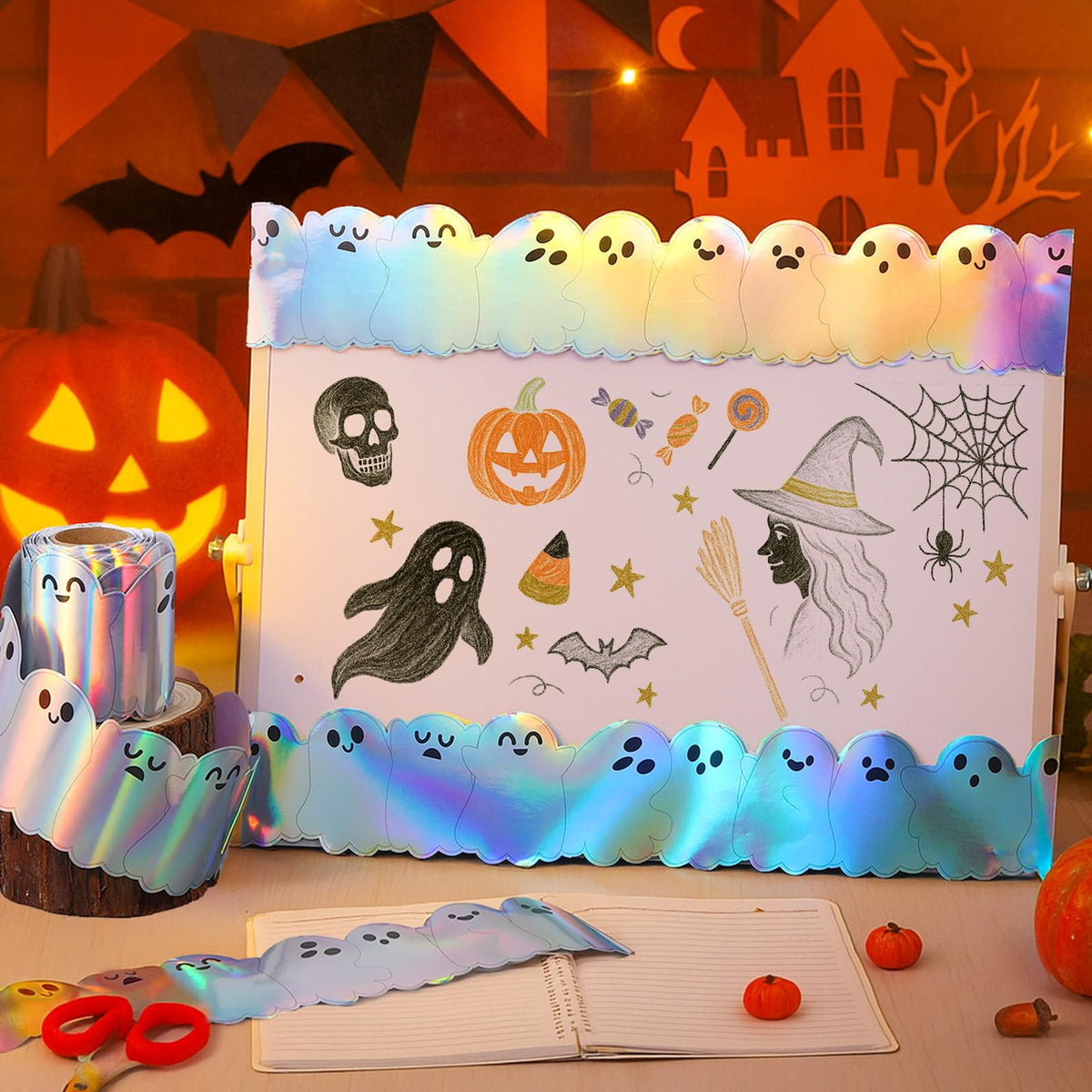 Fuutreo 32.8 ft Halloween Ghost Bulletin Board Borders Decoration Cute Classroom Bulletin Border Office Scalloped Trim for School Fiesta National Wedding Party Decoration