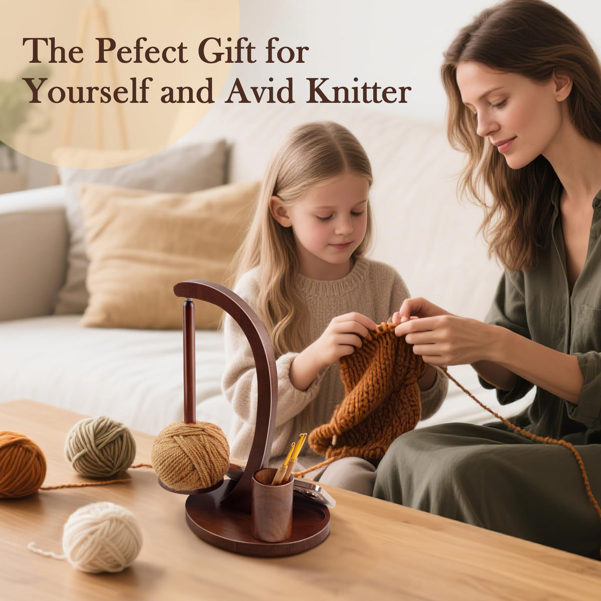 Sewovvmu Crochet Yarn Holder, Yarn Spinner for Crocheting with Phone Stand & Crochet Accessories Storage, Crochet Gift for Knitting Lovers (Brown)