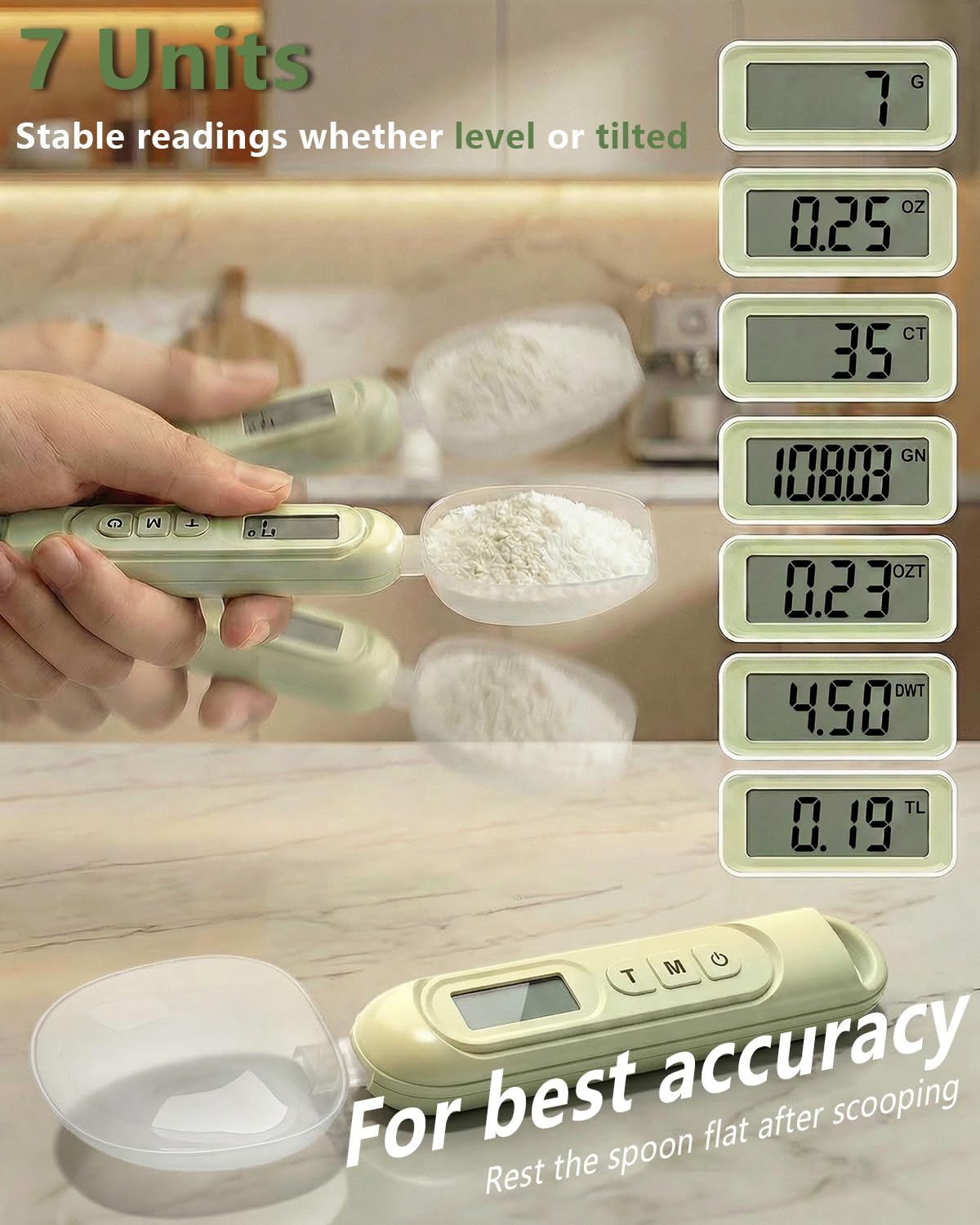 2026 Upgraded 2-In-1 Digital Measuring Spoon 【High-Precision 0.01oz/0.1g · Tested 10000+】 Baking Scale 【7-Unit】 Digital Kitchen Scale for Baking, Gram Scale for Weight Loss, Large & Small Scoop, Green