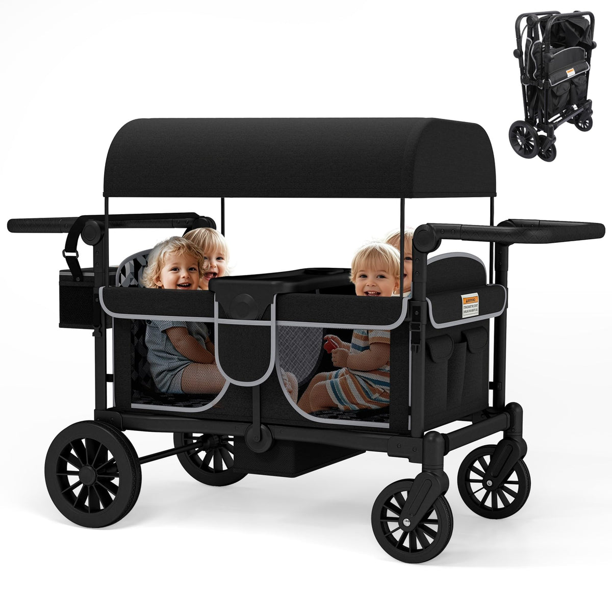 TOLEAD Wagon Stroller for 4 Kids, Foldable 4 Seats Outdoor Stroller Wagon with Canopy, Adjustable Handlebars, 5-Point Safety Harness, Detachable Tray, Portable Bag (Black)