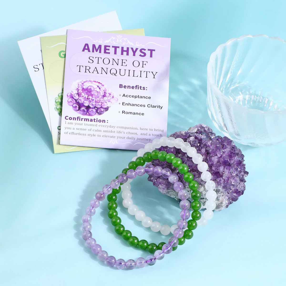 NCB 3-Piece 6mm Natural Crystal Gemstone Stretch Bracelets – ﻿Amethyst, Green Jade, White Jade Handmade Reiki Energy Healing Jewelry for Meditation,Yoga, Unisex