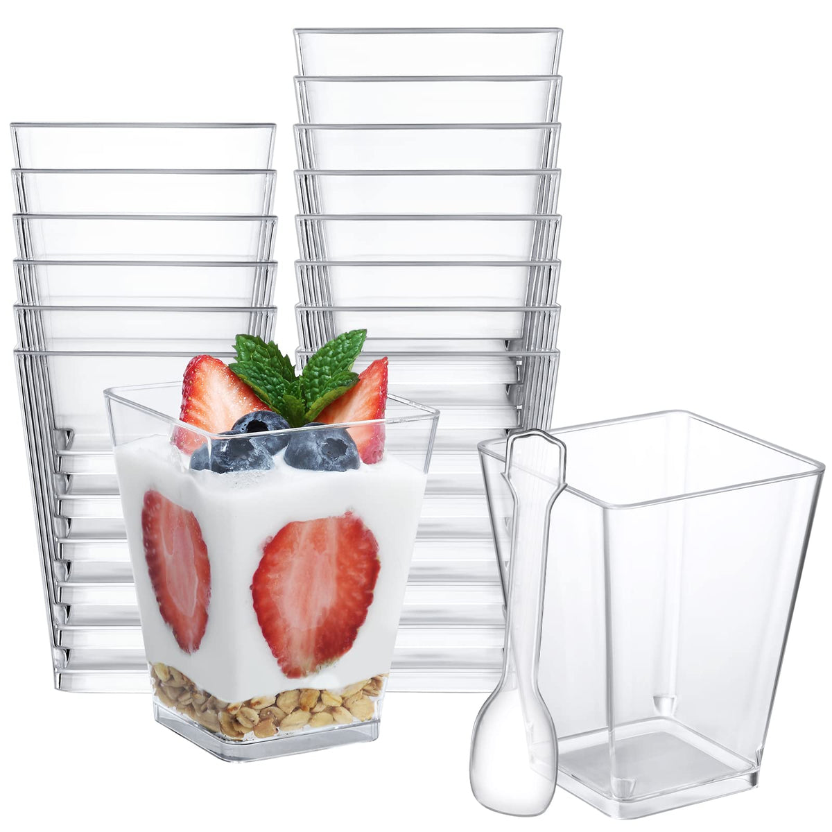 SHOPDAY 5 oz Plastic Dessert Cups 50 Pack Small Clear Square Parfait Cups with Spoons, Mini Plastic Tumbler Serving Cups for Tasting Party Appetizers Mousse Yogurt