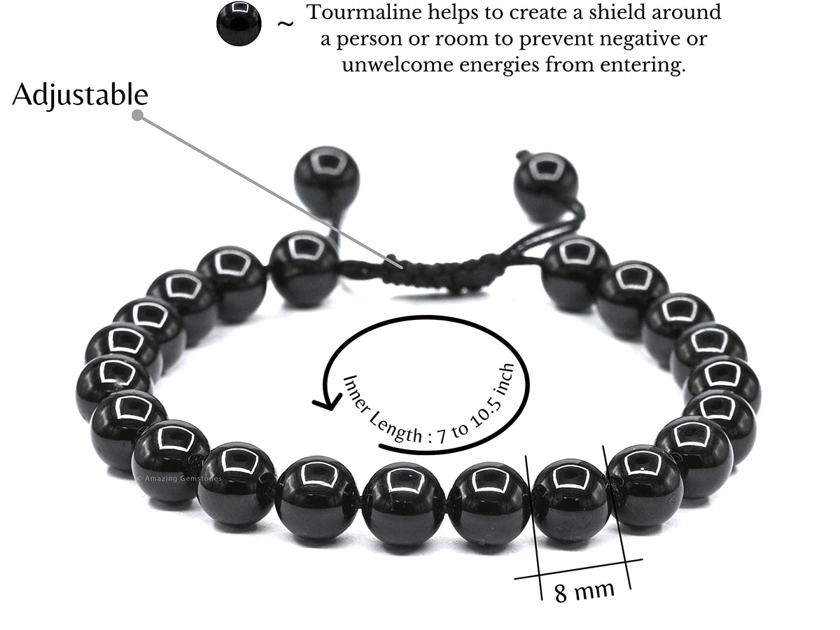Amazing Gemstone Black Tourmaline Bracelet - Protection Healing Crystal Bracelet - 8mm Gemstone Beaded Adjustable Bracelet Pulseras Para Hombres Mujer Stocking Stuffers (Black Tourmaline Onyx)