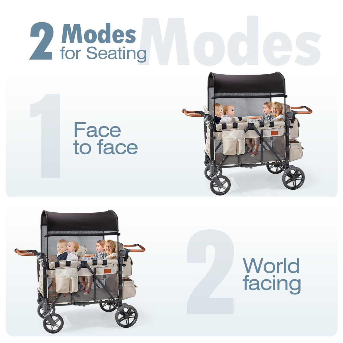 ZTDM Wagon Stroller for 4 Kids, All-Terrain Wagon for Toddler with Canopy, Parent Organizer, Shoulder Bag, Adjustable Handlebar, Phone Holder, High Seat & 5 Point Harness, Ultimate Quad (Beige)