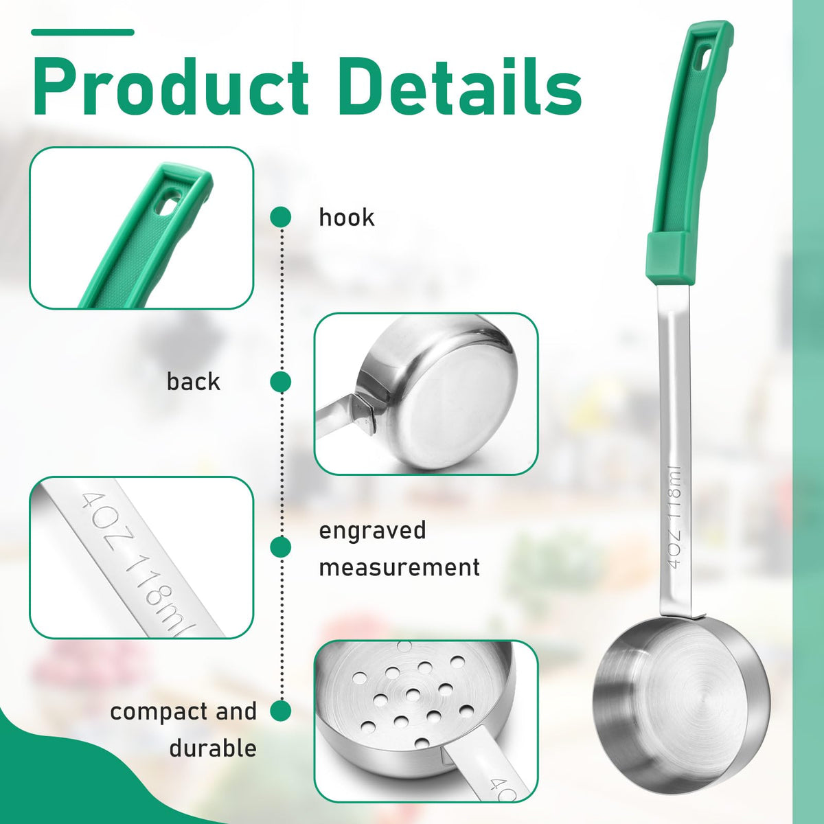 Teenyyou 8 Pcs Portion Control Serving Spoons Portion Scoops Cups Solid and Slotted Stainless Steel Ladle Spoon for Food, Serving Utensils Set for Parties(Green,4 oz)