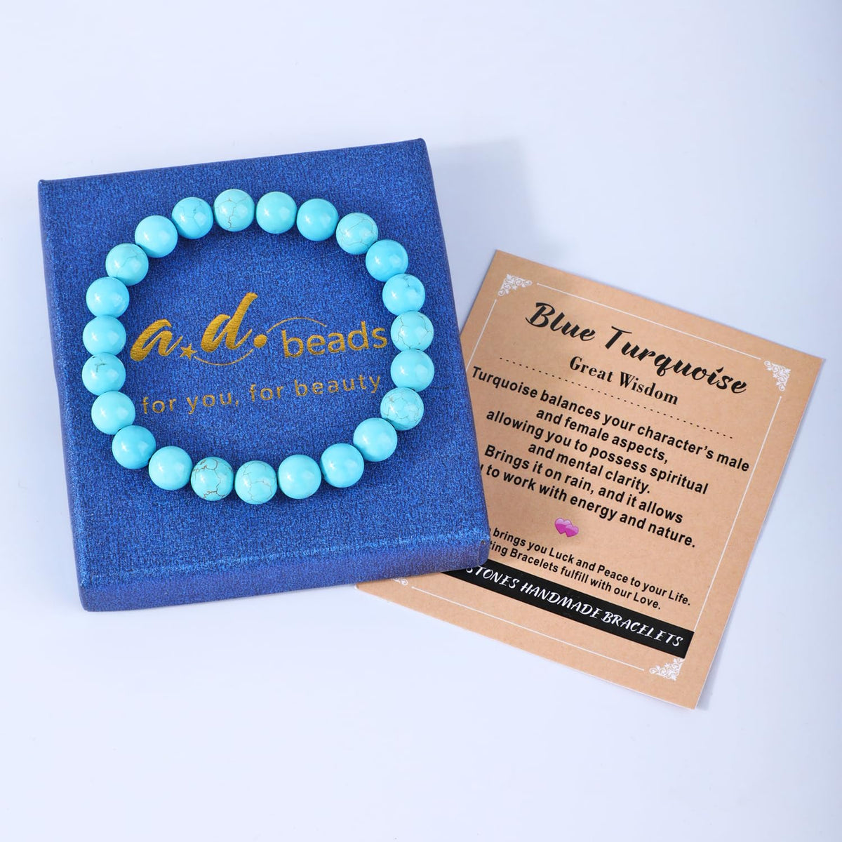 AD Beads 10mm Handmade Blue Turquoise Elastic Bracelet – Natural Gemstone for Great Wisdom – Meditation, Yoga, Healing and Energy Gift for Men Women