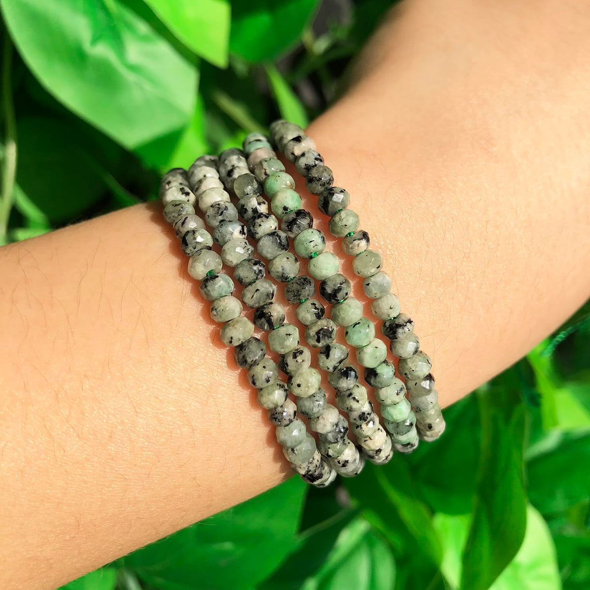 2 String 220PCS 3x5mm Natural Green Color Speckled Beads for Jewelry Making, Songxi Facted Loose Gemstone Beads for DIY Bracelet Necklace Making Supplies with Energy Healing Chakra Power