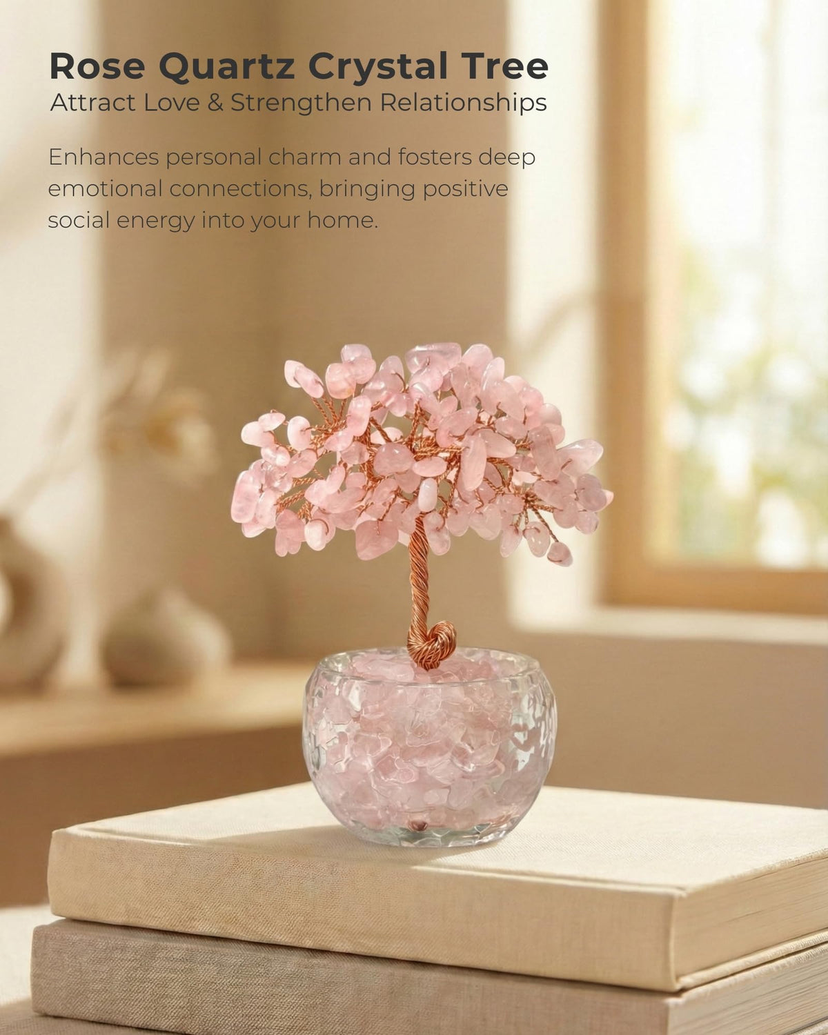 VELNORIX Rose Quartz Crystal Tree of Life - Natural Gemstone Feng Shui Bonsai - Healing Crystals Decor for Home Office, Attract Love & Relationships - Spiritual Gifts for Women (Pink)