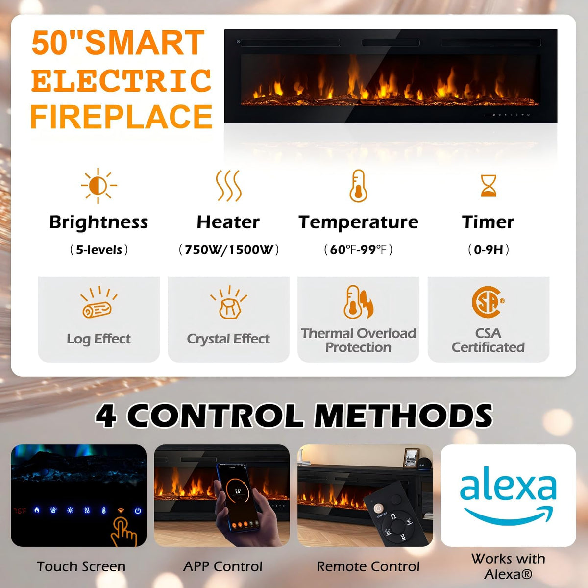 MXV 80" Fireplace TV Stand, Modern Entertainment Center with 50 Inch Smart Fireplace, Adjustable Shelf & Glass Door, Fire Place with WI-FI Enabled, TV Console for Living Room, Black