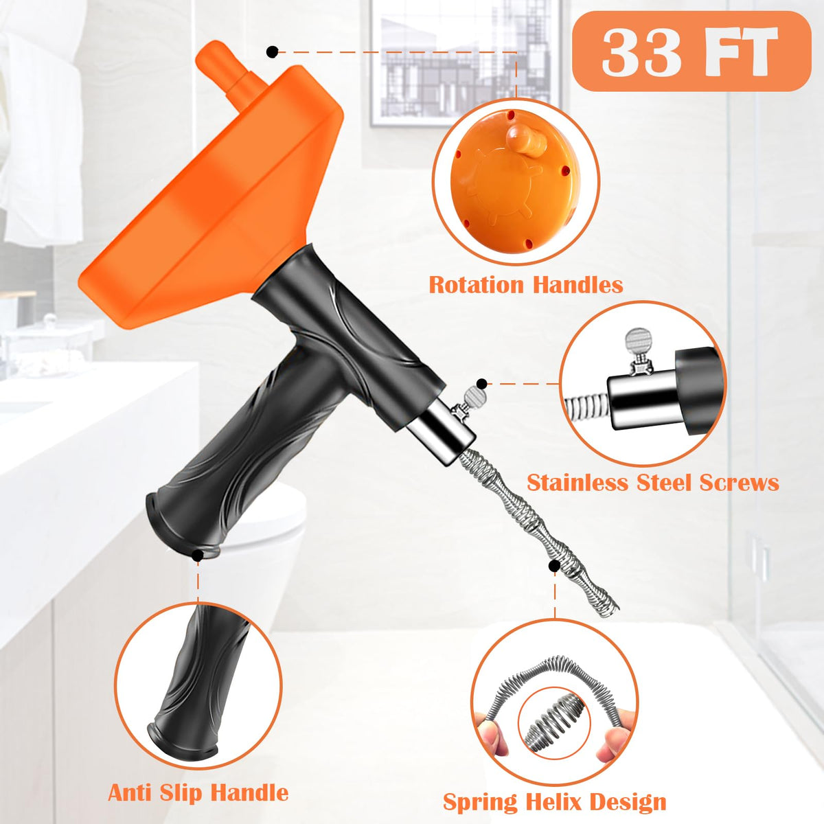 Drain Snake Auger, 33 Feet Plumbing Snake Drain Hair Clog Removal Tool, Sink Unclogger Drain, Heavy Duty Toilet Snake Auger, Cleaner Tool for Bathroom Kitchen Tub Shower Drain Clog Remover with Gloves