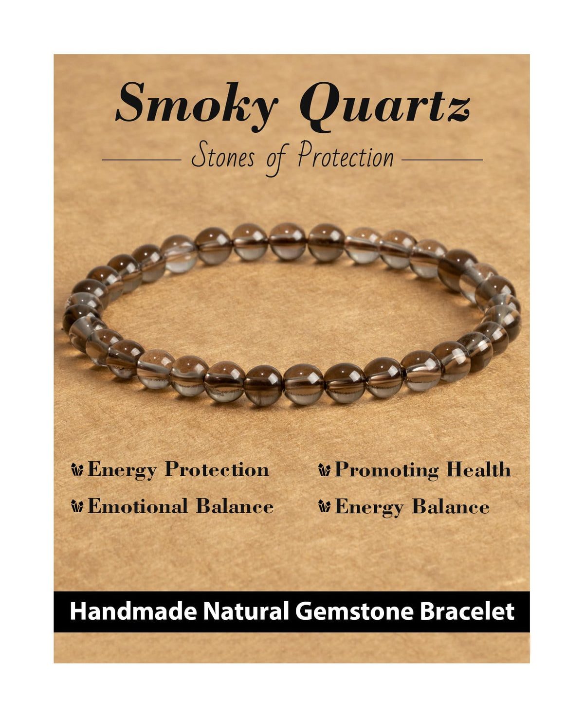 Landorilo Beaded Bracelet for Men Women, 6mm Natural Stone Smoky Quartz Healing Crystal Stretch Bracelets, Ideal Christmas Birthday Jewelry Gifts with Energy Card，Replacement Beads Included