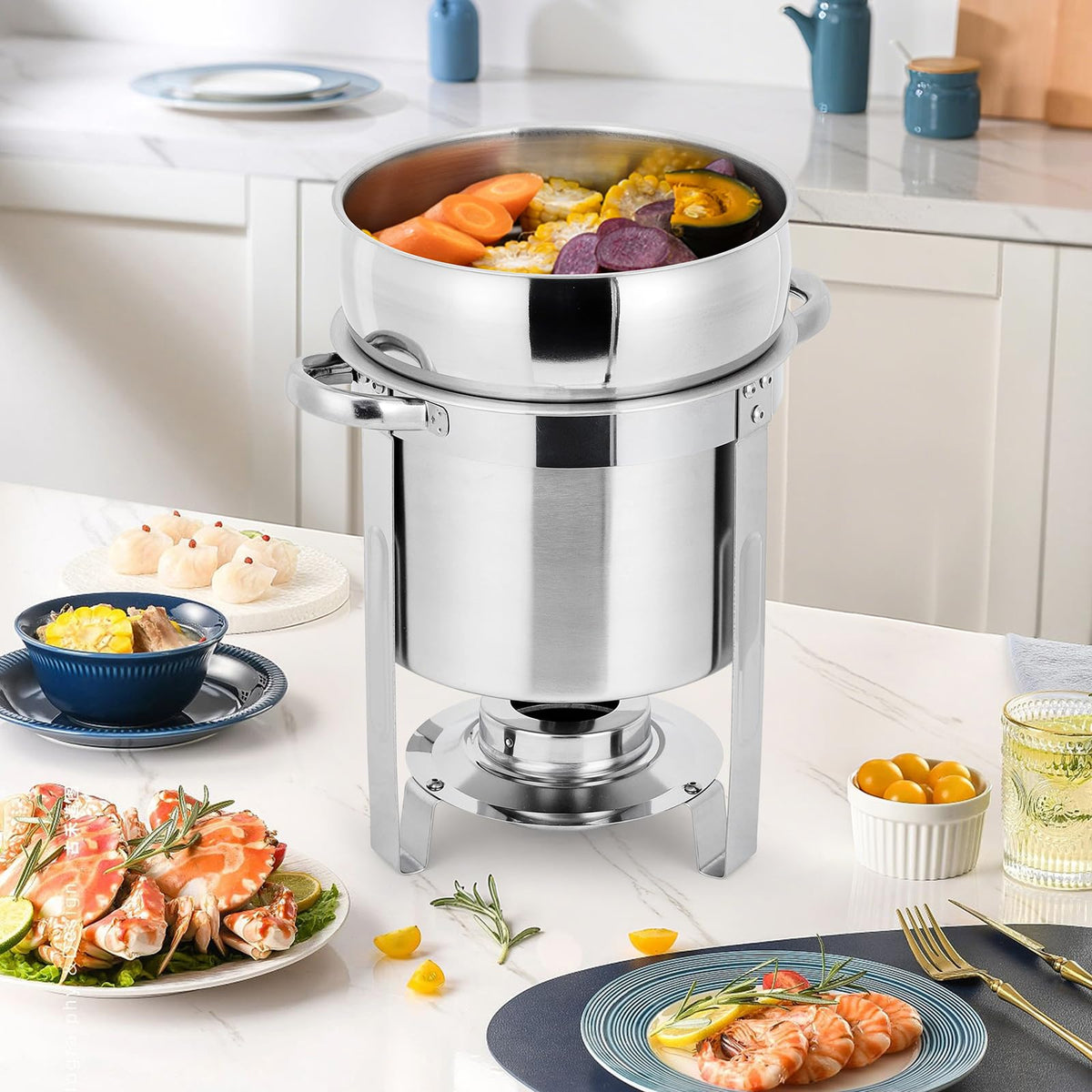 Commercial 11QT Soup Chafer Set, 4 Pack Stainless Steel Round Food Warmers Set with Pot, Notched Lids & Fuel Containers, Soup Warmers Ideal for Buffet Service & Event Catering