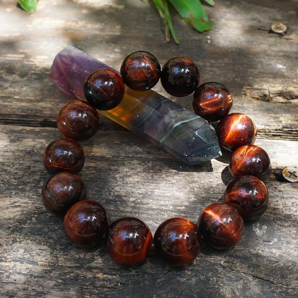 TaHLga 18MM Red Tigers Eye Bracelet for Men Women| Natural Crystal Beads for 10 inch XXXLarge Wrist | With Velvet Bag, Gift Box, Repair Kit | Root Chakra Stone Energy Shield
