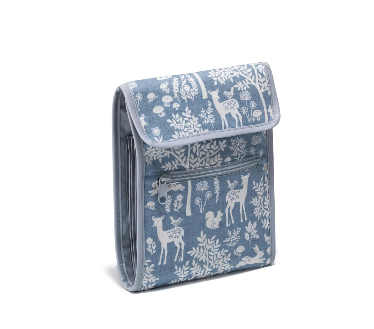 Prym Circular Knitting Needle Case – 9” x 7-1/4” Fan-Fold Organizer with 10 Pockets, Magnetic Closure & Zip Accessory Pocket - Blue Woodland