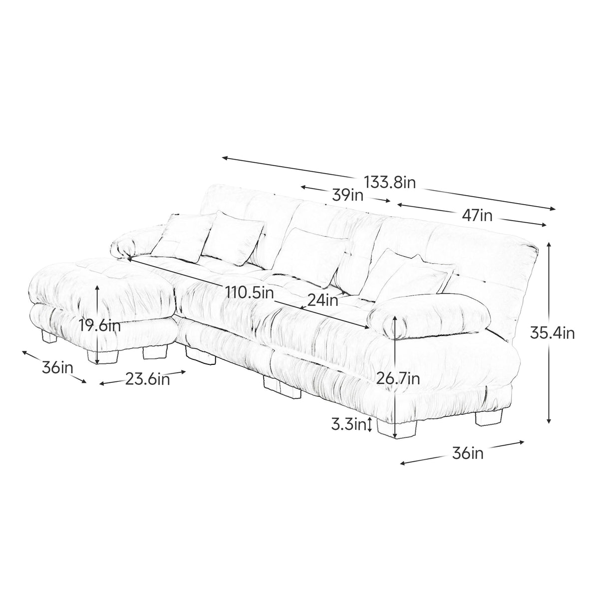 KEIKI 133" Sectional Sofa with Removable Ottoman, 4 Seat L Shaped Sleeper Cloud Couch Set, Comfy Chenille Upholstered Modular SofaBed for Apartment Living Room, Throw Pillows, Light Coffee