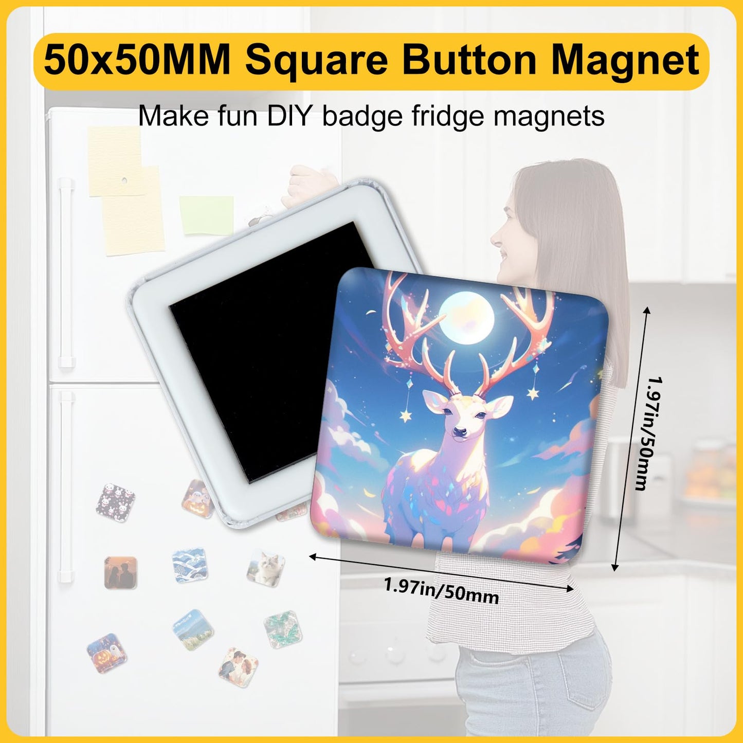 MK.Bear Fridge Magnet Button Maker Machine, 50mm/1.97 in Square Button Maker Kit for Refrigerator Magnet, DIY Pin Maker Badge Press Machine with 100 Sets Button Supplies