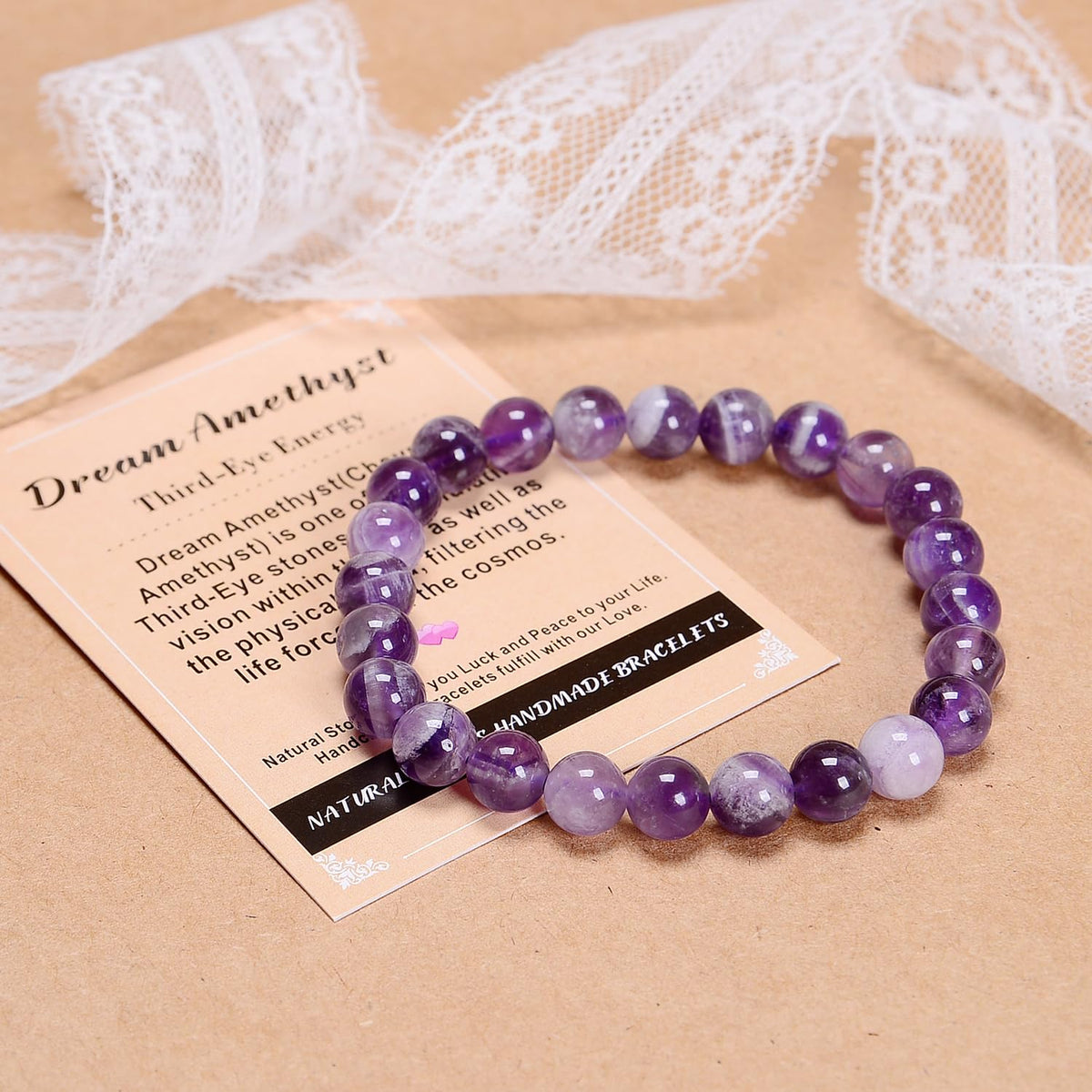 AD Beads Handmade Gemstone Stretch Elastic Bracelet Crystal Healing Reiki Nature's Beauty and Spiritual Essence Unisex (8mm, Dream Amethyst (Third-Eye Energy))