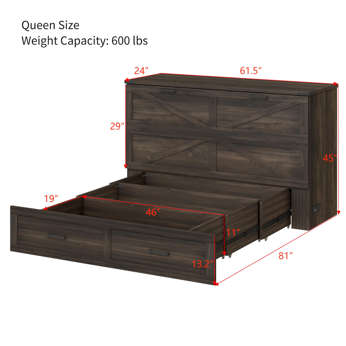 Merax Farmhouse Wood Murphy Bed Chest with Charging Station, Foldable Wall Platform Bed with Storage Drawer/Space Saving/Wood Slat Support/Queen, Gray