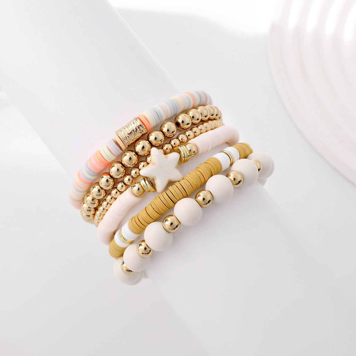 GOOJIDS Surfer Heishi Clay Bead Bracelets for Women Bohemian Stackable Gold Plated Beaded Stretch Bracelets Elastic Layering Friendship Bracelets Set Boho Jewelry