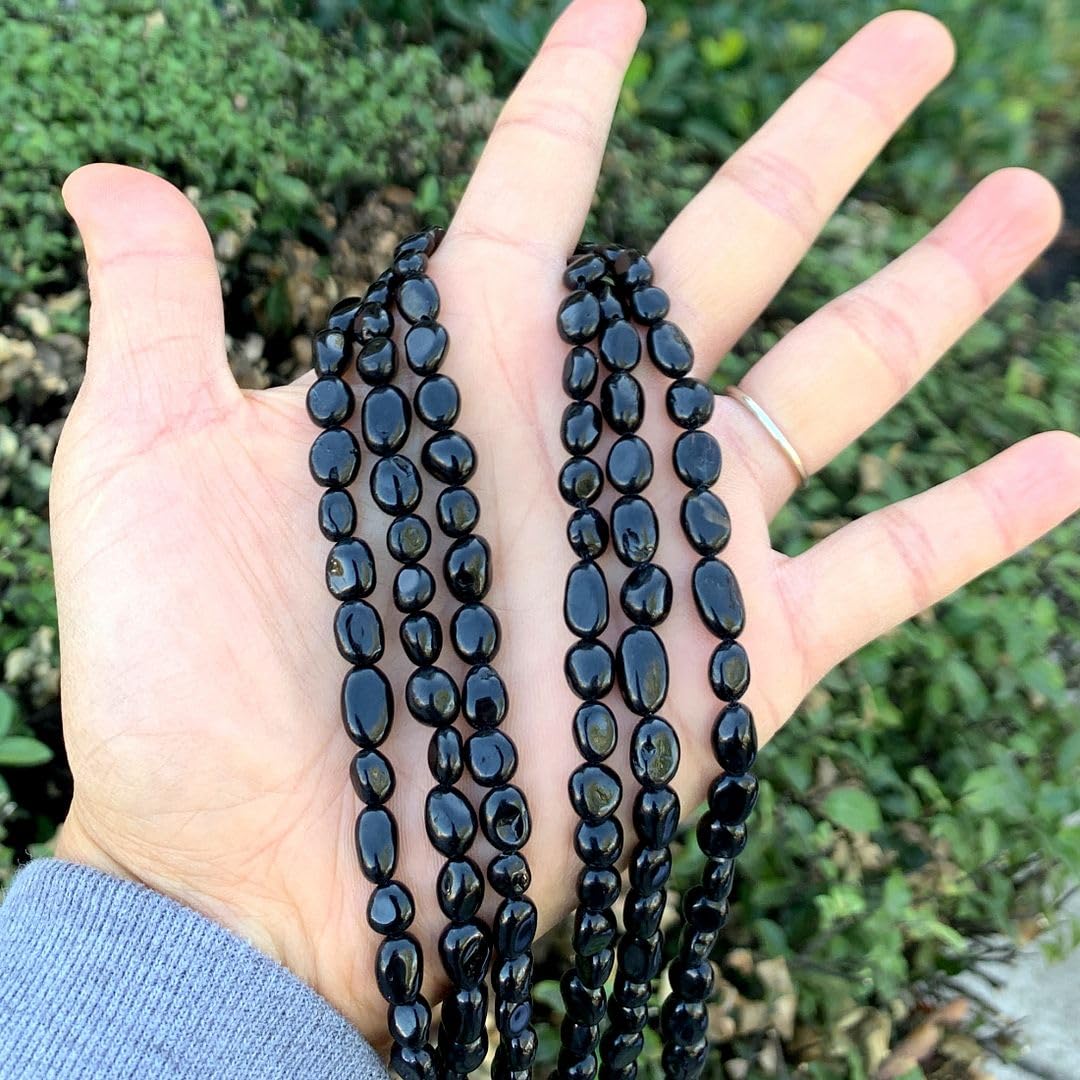 Adabele 15 Inch Natural Black Tourmaline Gemstone Loose Beads 6mm to 8mm Free Form Oval Tumbled Pebble Gem Stone Spacer for Jewelry Making GZ11-46