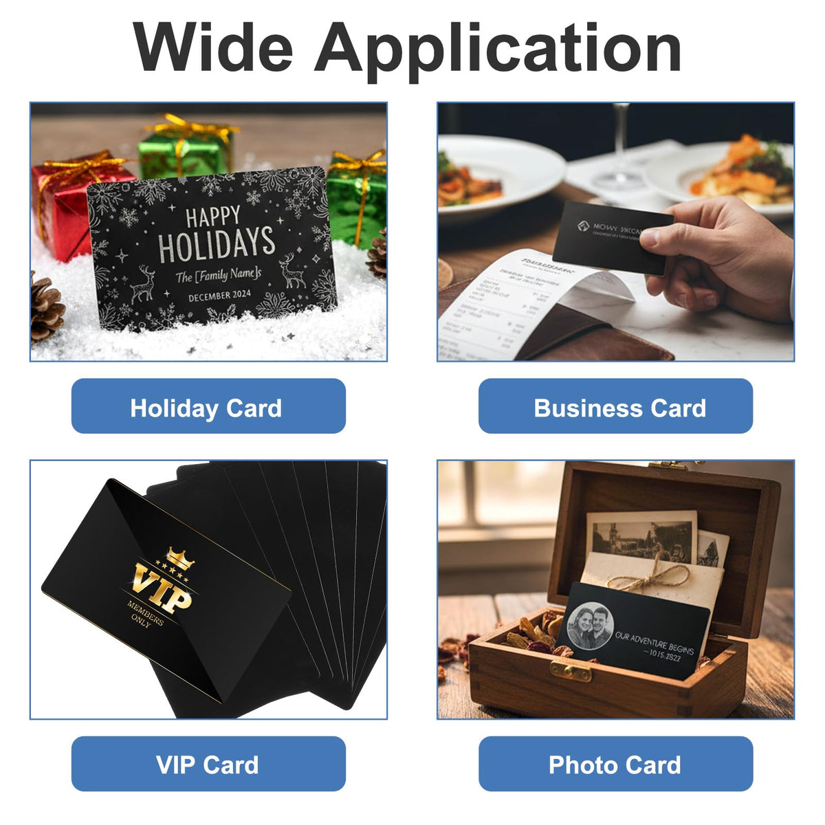 PercyEffie 100PCS 0.42mm Metal Business Cards Blank Thicken Aluminum Name Laser Engraving Cards Blanks Sublimation for House Office Customer DIY Gift Plate Invitations 3.4 x 2.1 Inch Black