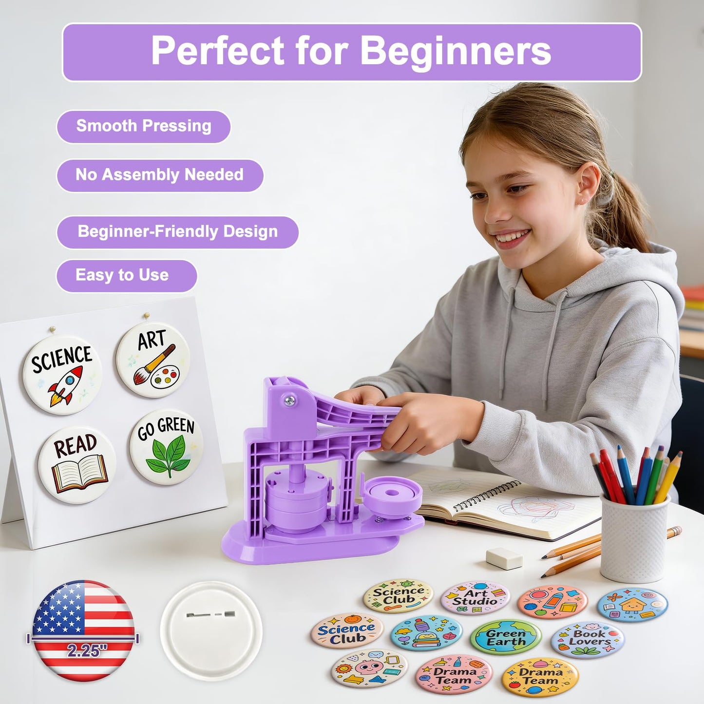 Happizza Button Maker Machine 58mm/2.25in, Pin Maker Machine Kit with 30 Buton Parts, DlY Badge Maker, Purple Button Press Machine, Perfect Beginner Experience Kit, Ideal for School, Parties, Events